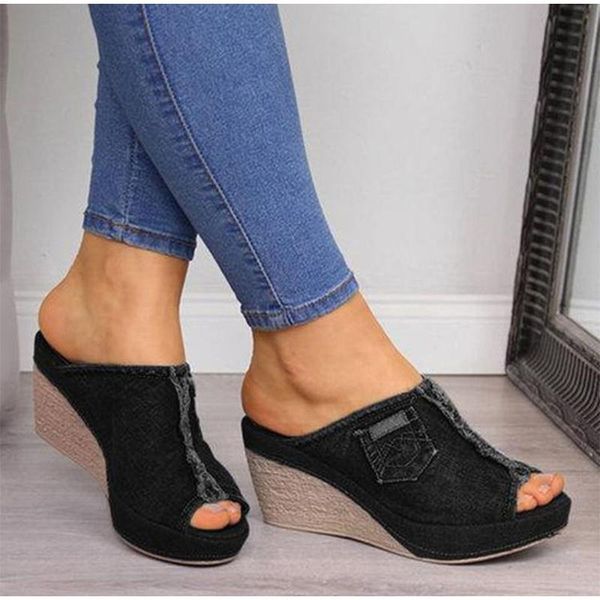 

denim slippers for female wedges high heels women's sandals peep toe slip-on fashion outside ladies slides summer platform 2021, Black