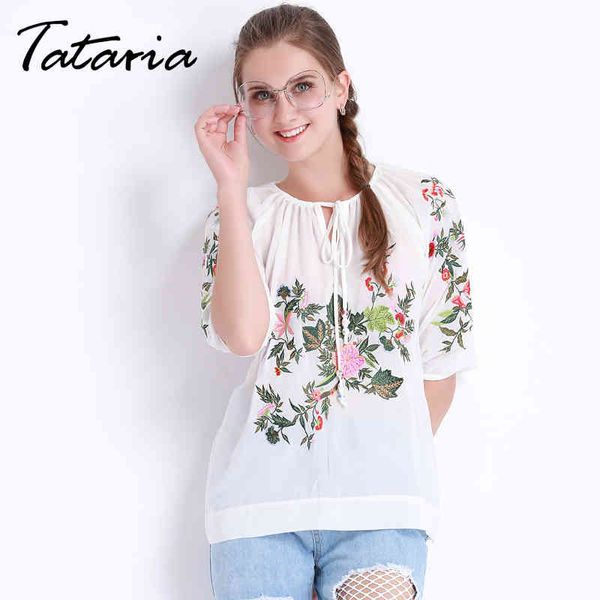 Sommer Stickerei Chiffon Bluse Frauen Weißes Hemd Lose Spitze Up Blusas Top Femme Elegante Weibliche Kleidung Tataria 3768 210514