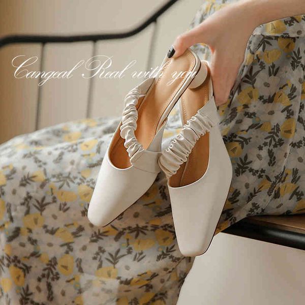 

slippers women's natural-leather slippers plus size 22-25.5cm leather complete toe square foot rounded heel elastic ankle mules woman o, Black