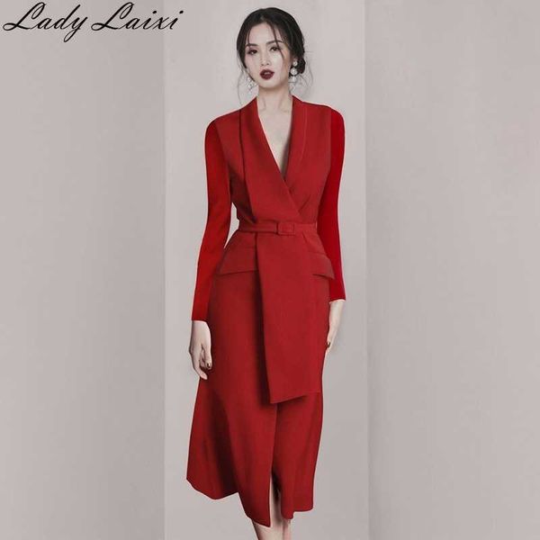 Autunno business Elegante ufficio coreano OL cintura in vita scollo a V slim manica lunga abito rosso abiti 210529