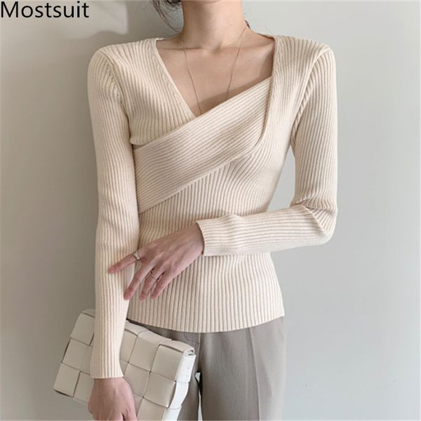 Coreano elegante com decote em v tricotada de malha tops Mulheres Assimétricas Manga comprida Slim Basic Senhoras Sexy Sweater Jumpers Femme 210518