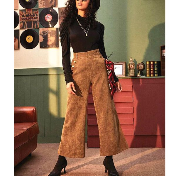 

women's pants & capris high street women corduroy vintage wide leg lady retro straight loose waist ankle length trousers, Black;white