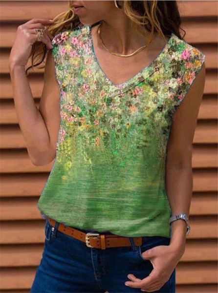 

summer women's v-neck printed t-shirt fashion ladies streetwear casual loose sleeveless oversized, White