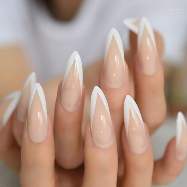 

long nude french nail white v shape extra faux ongles stiletto proffesional art tips designed manicure tip kit 241, Red;gold