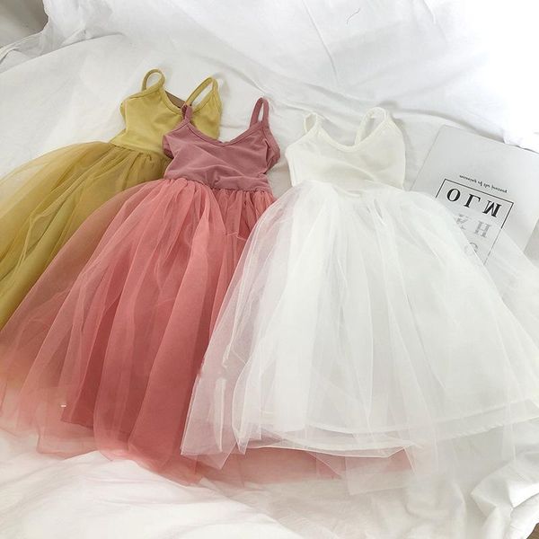 Mädchenkleider süße Mädchen Sommer Schlinge Weste Kleid für Kinder Kinder gelbe Tüll Prinzessin Strick Baumwollfleck Gaze Kleidung