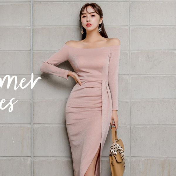 

casual dresses big size women long sleeve sheath bodycon pink dress solid evening dinner for slash neck party, Black;gray