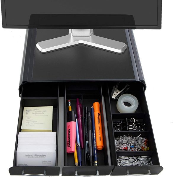 2MONSTA3D-BLK PC-, Laptop-, iMac-Monitorständer und Schreibtisch-Organizer mit 3 Schubladen zur Aufbewahrung, 2er-Pack, Schwarz