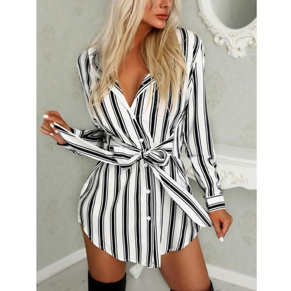 

stripe shirt dress women long sleeve mini office lady black white ladies dresses bow knot bandage plus size casual, Black;gray