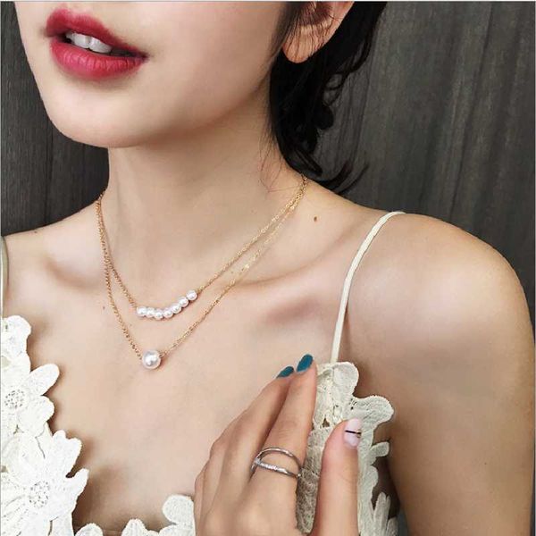 

women's necklace short clavicle chain simple pearl neckchain female double neck accessories chains, Silver