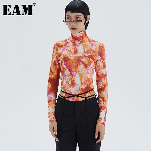 

women's t-shirt [eam] women orange tie dye printed slim temperament turtleneck long sleeve fashion tide spring autumn 2021 1db066, White