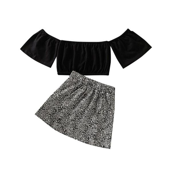 

clothing sets baby girls clothes set, solid color short sleeve off-shoulder cropped + leopard print skirt, White