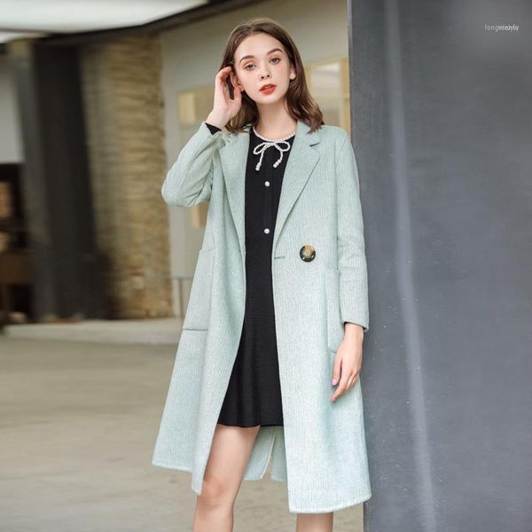 Misto lana da donna Colore blu Un bottone Double Side Cashmere Donna Inverno Elegante cappotto morbido e giacca con cintura1