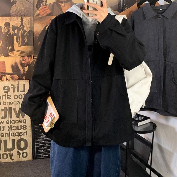

men's jackets hybskr autumn winter corduroy vintage fashion loose lapel coats casual solid color male harajuku outerwear, Black;brown