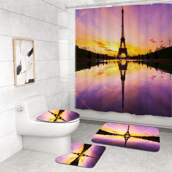 

bath accessory set 4 piece paris tower landscape curtain anti slip bathroom rug lid toilet cover mat custom home decor waterproof