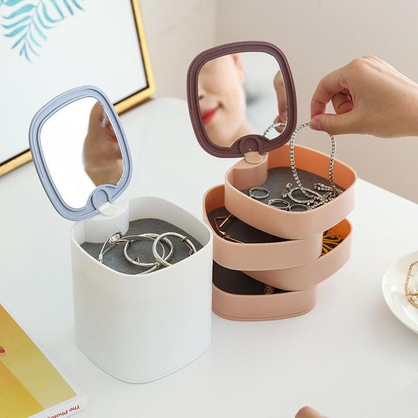 

deskcolor contrast multi layer with mirror earring jewelry 360 degree rotating storage box hooks & rails