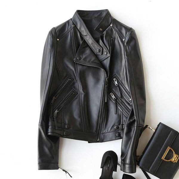 

women's leather & faux 2021 brand spring autumn motorcycle jacket streetwear korean fashion fit sheepskin women chaqueta mujer 27304, Black
