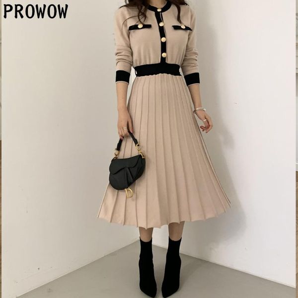 

one-piece woman pleated dress korean long sleeve knitted sweater dresses 2021 women spring autumn knidress lady casual, Black;gray