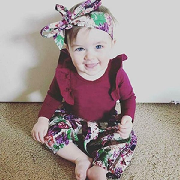 

clothing sets born infant baby girls romper floral pants headband outfits set clothes, White