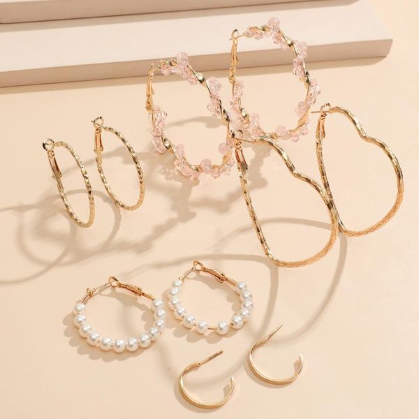 

hoop & huggie 5-pairs set circle earrings french pearl crystal c-shaped for women earing jewelry earings earring kolczyki pendientes, Golden;silver