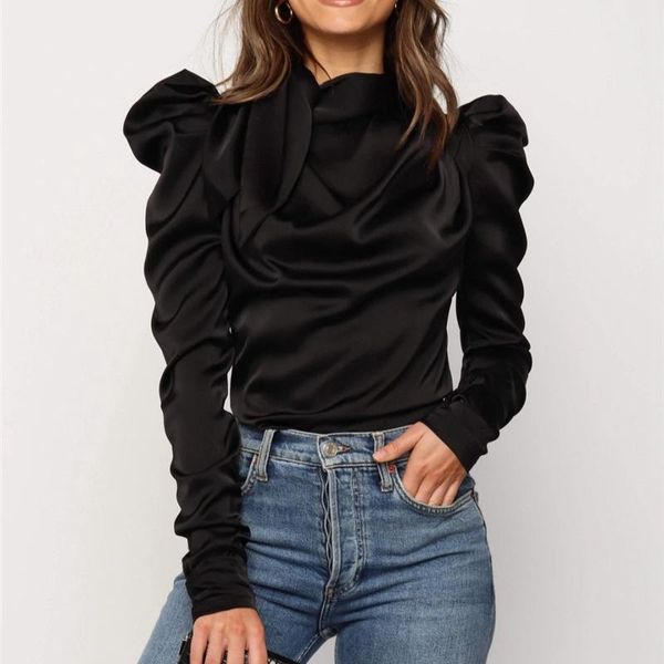 

women satin blouses bow neck long puff sleeve blouse shirt office lady classic blusas chemise femme autumn camisas mujer, White