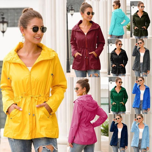 

women's trench coats women quick dry hiking jackets casual hooded lace up waterproof sun-protective outdoor sports female windbreaker p, Tan;black