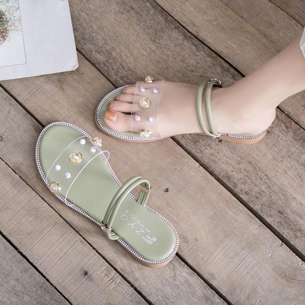 

sandals 2021 summer shoes woman flat sandalias pearl transparent gladiator clear beach open toe ladies flip flops slides, Black