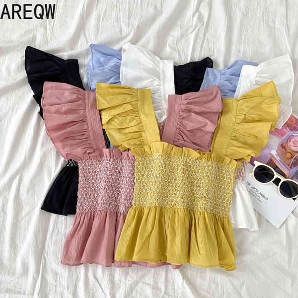 Summer Sweet and Wild Wood Ears Square Collar Ruffled Sling Folds Slim Slimming Vest Top 210507