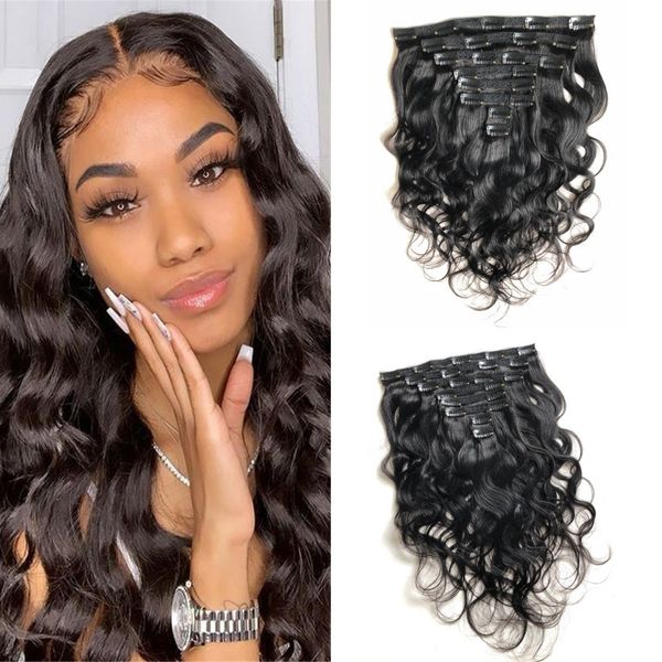 

malaysian body wave remy human hair extensions clip in for women natural color 8 pieces 120g/set full head clip in bundles, Black;brown