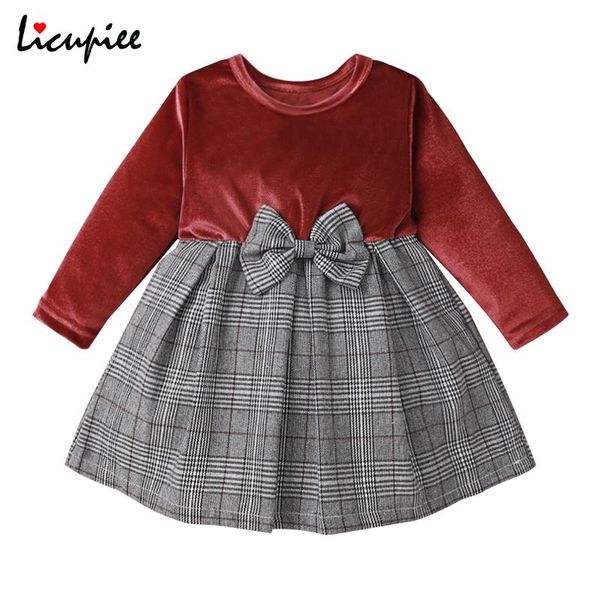 

girl's dresses baby girl\ causal long-sleeved dress fashion plaid stitching bowknot round neck children princess, Red;yellow