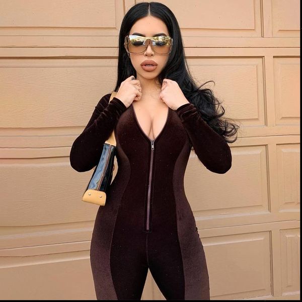 

fall women romper winter velvet jumpsuits long sleeve zipper bodycon rompers sporty one piece outfits, Black;white