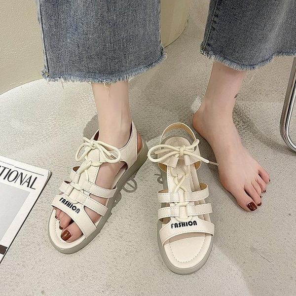 

sandals 2021 summer women casual cut-out lace-up fashion platform open-toe roman comfortable flat beach slippers, Black
