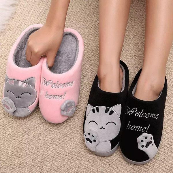 

slippers 2021 couple house warm winter indoor bedroom soft plush shoes cute cartoon cat non-slip bottom women men home slipper, Black
