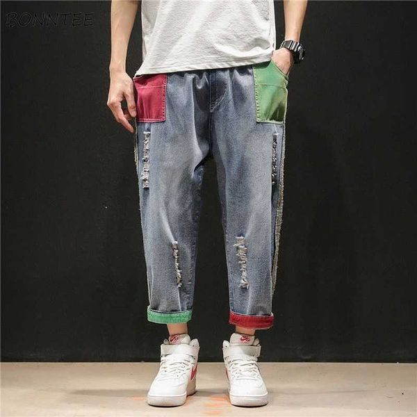 

jeans men patchwork panelled trendy holes retro loose cargo mens straight trousers leisure ankle-length chic streetwear ulzzang x0621, Blue