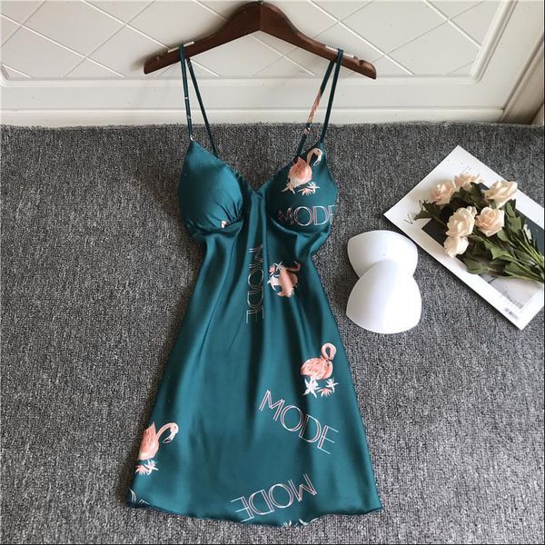 

print flamingo v neck womens sleepwears night dress sleeveless faux silk nightgowns satin sleepwear nightdress nightwear, Black;red