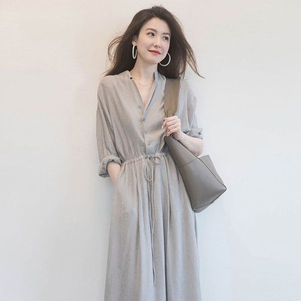 

summer french hepburn dress feminine style slim long skirt v-neck waist, Black;gray
