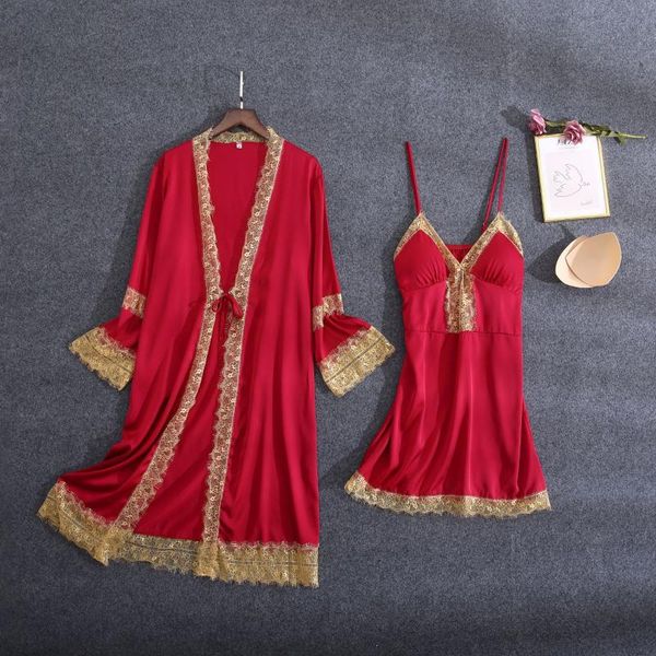 

two piece women robe set kimono gown satin sleepwear nightdress lace bride bridesmaid wedding loose home dress women's, Black;red