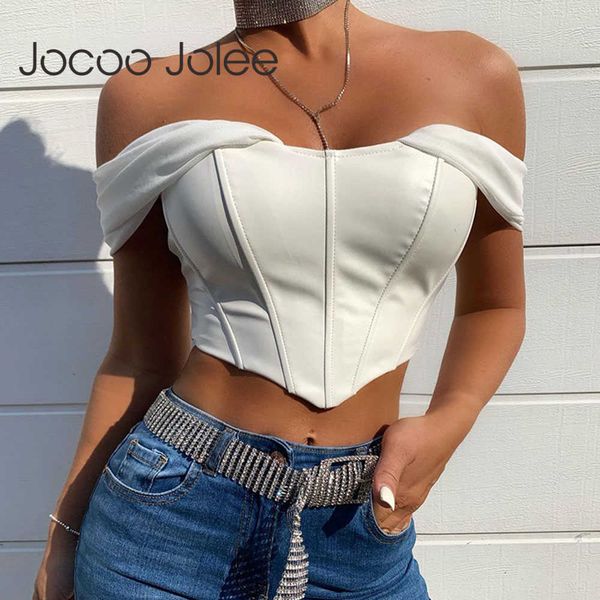 

jocoo jolee v neck pu leather tanks elegant mesh off shoulder cropped vintage y2k skinny camisole party club tank 210619, White