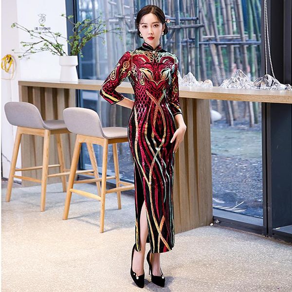 

ethnic clothing high fashion burgundy sequins cheongsam chinese classic women's qipao elegant split novelty long dress plus size -6xl, Red