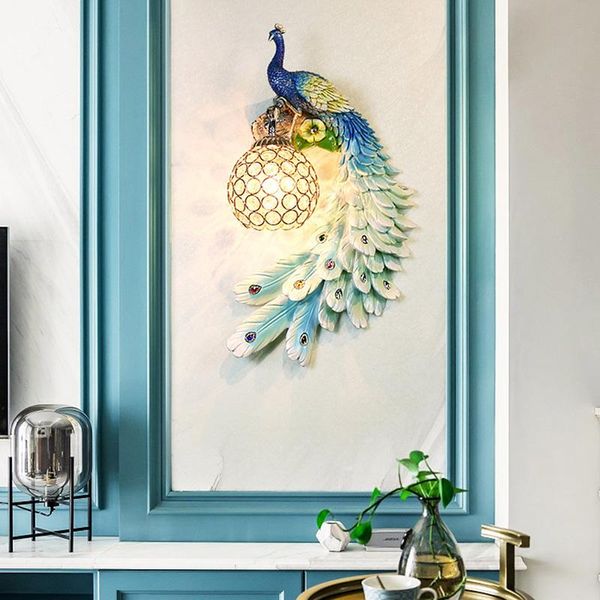 

wall lamp modern luxury color peacock led lusters crystal lampshade light bedroom bedside resin sconce fixtures