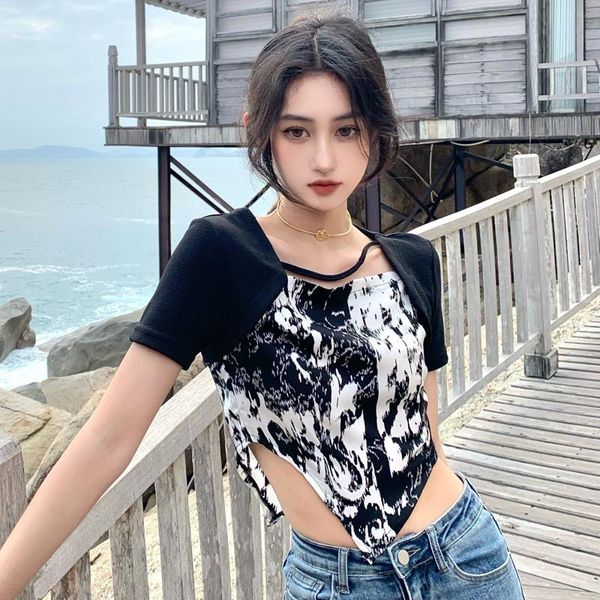 

women's t-shirt 2021 summer slim short korean style faux two pieces pathwork sleeve tshirts womens tee shirt femme(c5216), White