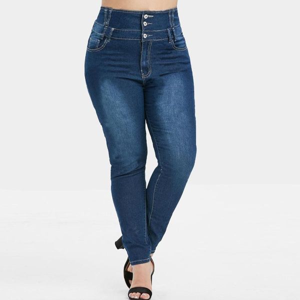 

women's jeans fashion big size pants button high waist casual denim with pockets female skinny slim trousers, Blue