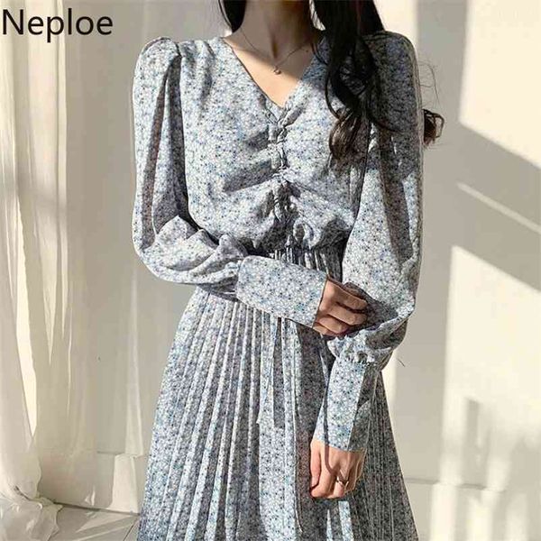 

korean chic v neck print drawstring pleat design dress high waist hip bohemian holiday a line estido long ropa 210422, Black;gray