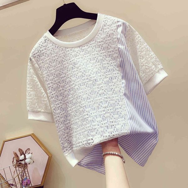 

tee patchwork striped short sleeve women shirt t-shirt summer, White