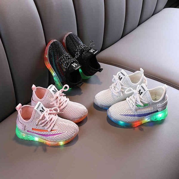 

baby shoes spring and autumn men's women's led luminous sports children's flying woven breathable casual single jelly, Black