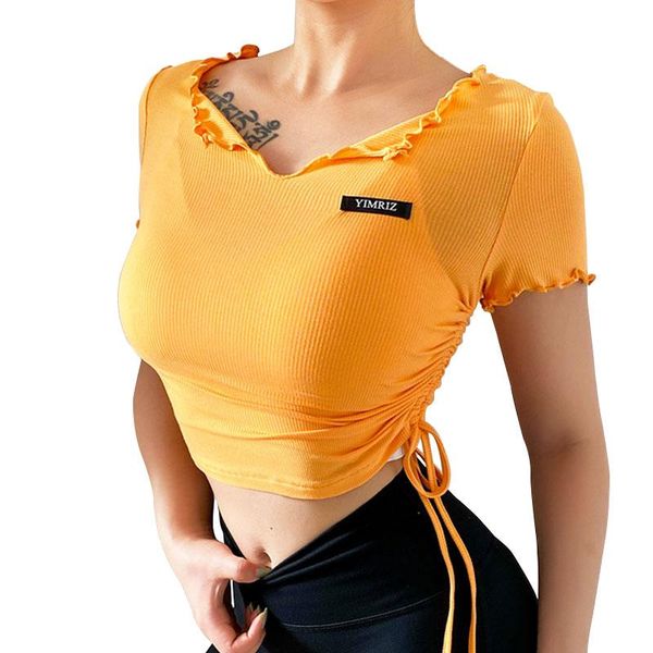 

yoga outfit summer quick dry sport shirts drawstring women workout high elastic gym running breathable short sleeve t-shirts