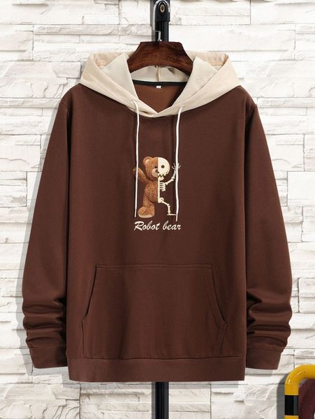

men bear and letter graphic kangaroo pocket drawstring hoodie v0cj#, Black