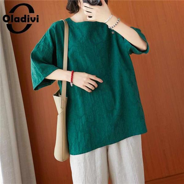 

women's t-shirt oladivi oversized solid color cotton linen women summer 2021 casual loose tee shirts lady big female blusa tunic, White