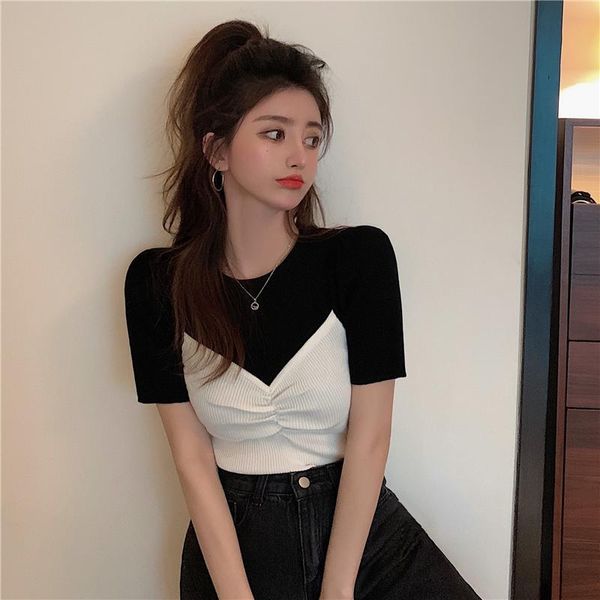 

women's t-shirt summer stitching fake two short-sleeved color matching casual korean style knitted top, White