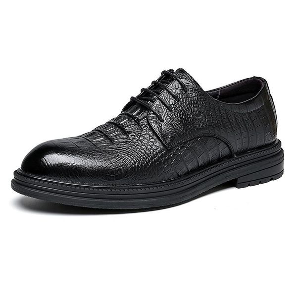 

dress shoes crocodile print genuine leather cowskin men male man office oxfords formal business work party lace up footwear, Black