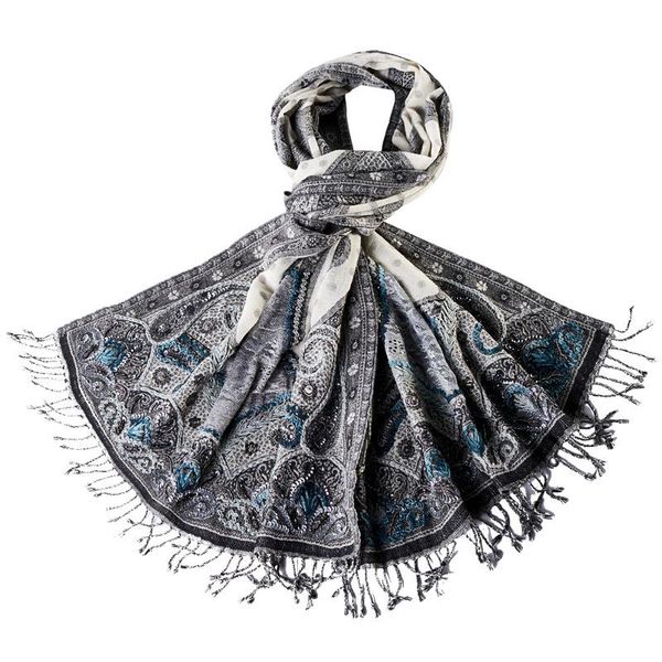 

scarves nepal ethnic 100% merino wool scarf women handmade beaded windproof 2021 autumn winter high-end designwarm, Blue;gray